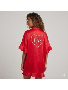 Victoria’s Secret LOVE Womens Satin Red Heart Colorful Loungewear Sleep Robe NWT